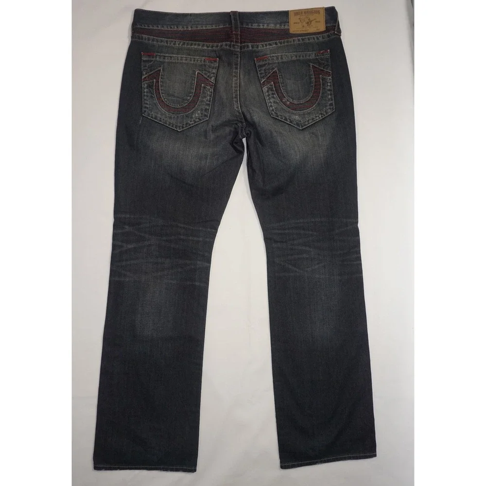 True Religion 38 Straight Leg Distressed Dark Wash Blue Jeans